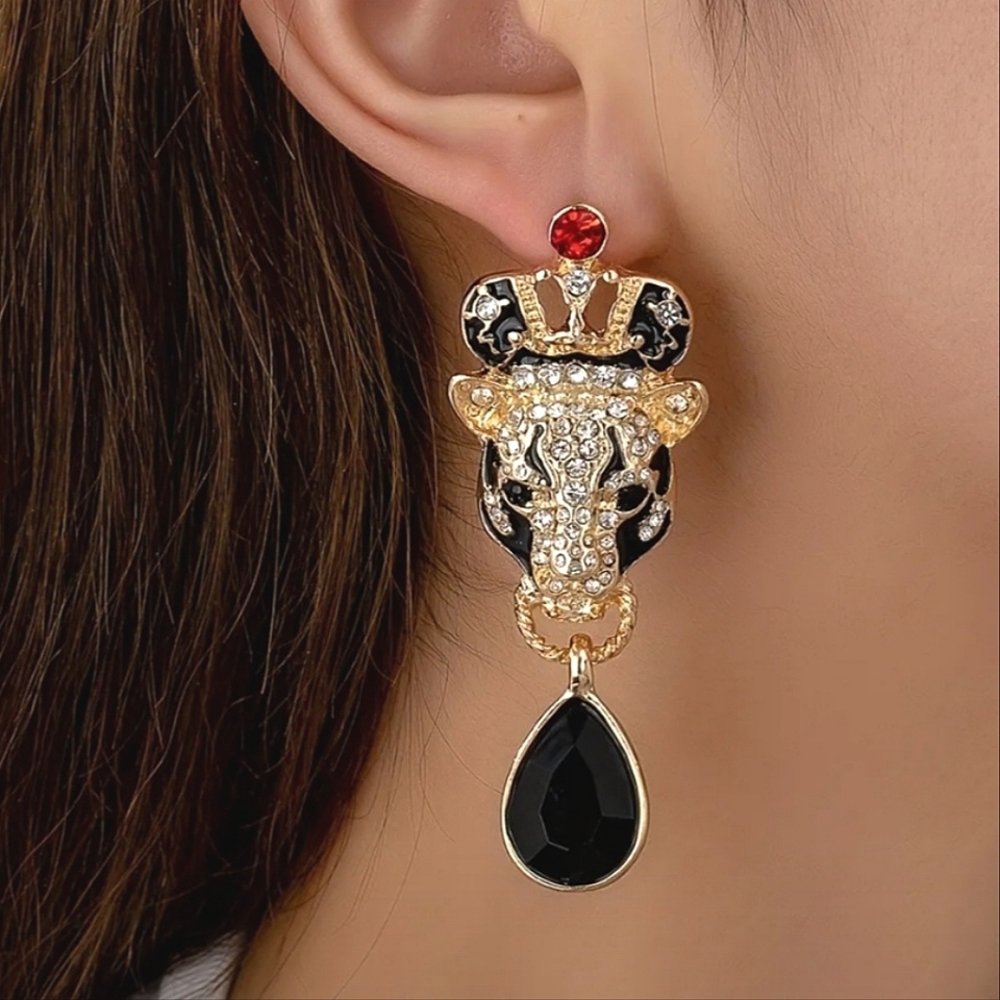 New Gold Panther Enamel Crystal Ruby Dangle Earrings